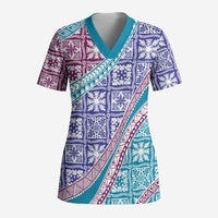 Hawaiian Quilt Pattern Scrub Top Purple Blue Color Mixed - Polynesian Pride