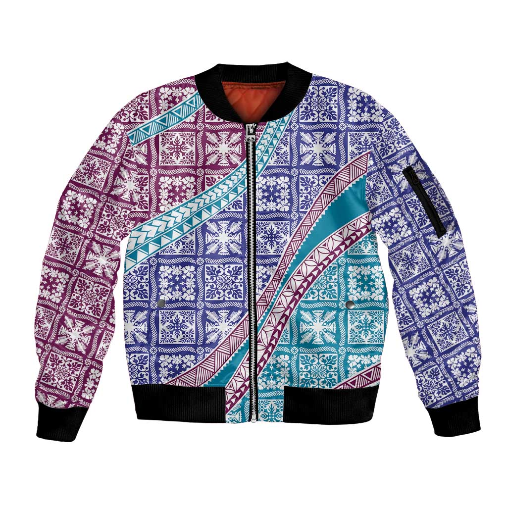 Hawaiian Quilt Pattern Sleeve Zip Bomber Jacket Purple Blue Color Mixed - Polynesian Pride