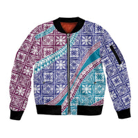 Hawaiian Quilt Pattern Sleeve Zip Bomber Jacket Purple Blue Color Mixed - Polynesian Pride