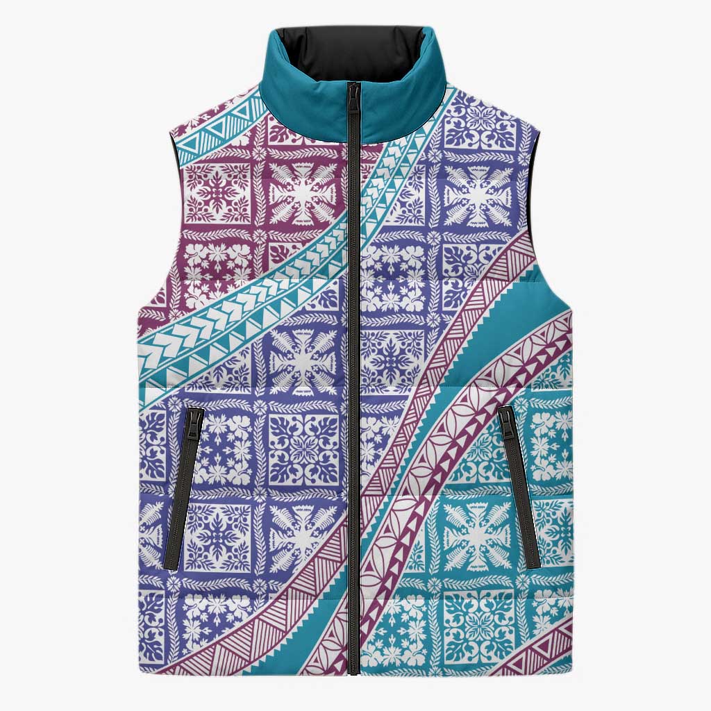 Hawaiian Quilt Pattern Sleeveless Puffer Jacket Purple Blue Color Mixed - Polynesian Pride
