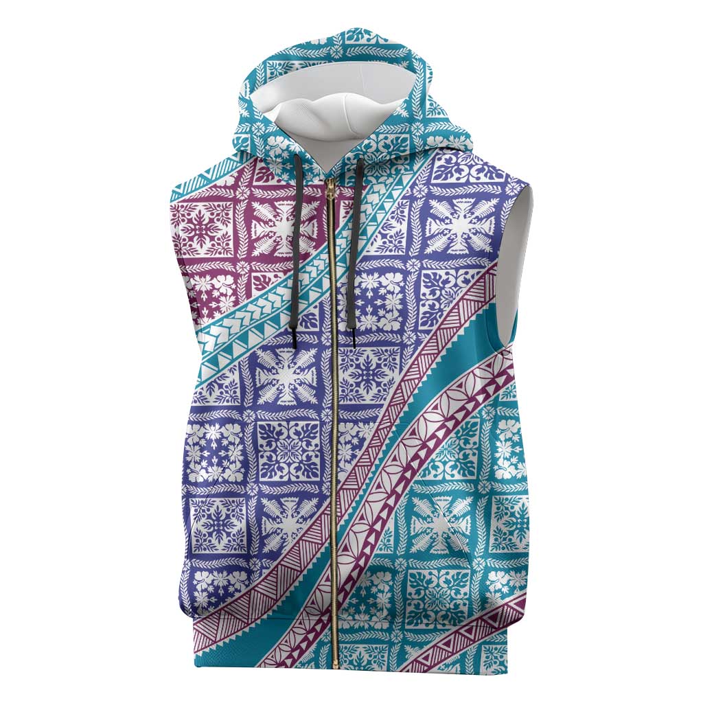 Hawaiian Quilt Pattern Sleeveless Zip Hoodie Purple Blue Color Mixed - Polynesian Pride