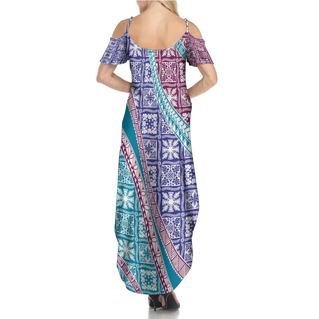 Hawaiian Quilt Pattern Summer Maxi Dress Purple Blue Color Mixed - Polynesian Pride