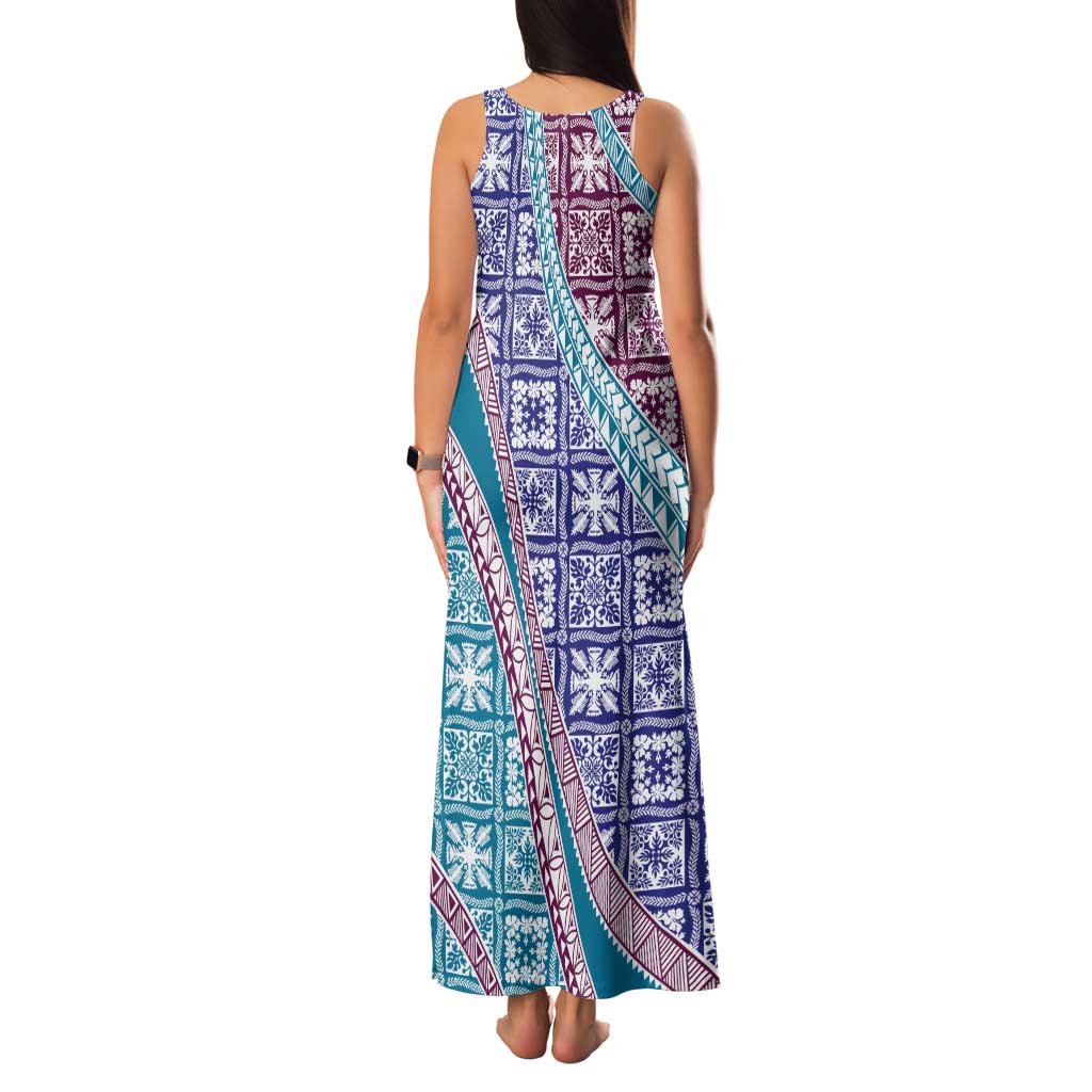 Hawaiian Quilt Pattern Tank Maxi Dress Purple Blue Color Mixed - Polynesian Pride