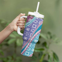 Hawaiian Quilt Pattern Tumbler With Handle Purple Blue Color Mixed - Polynesian Pride