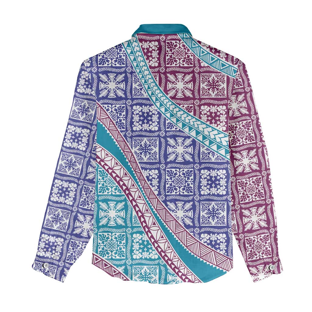 Hawaiian Quilt Pattern Women Casual Shirt Purple Blue Color Mixed - Polynesian Pride