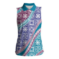 Hawaiian Quilt Pattern Women Sleeveless Polo Shirt Purple Blue Color Mixed - Polynesian Pride