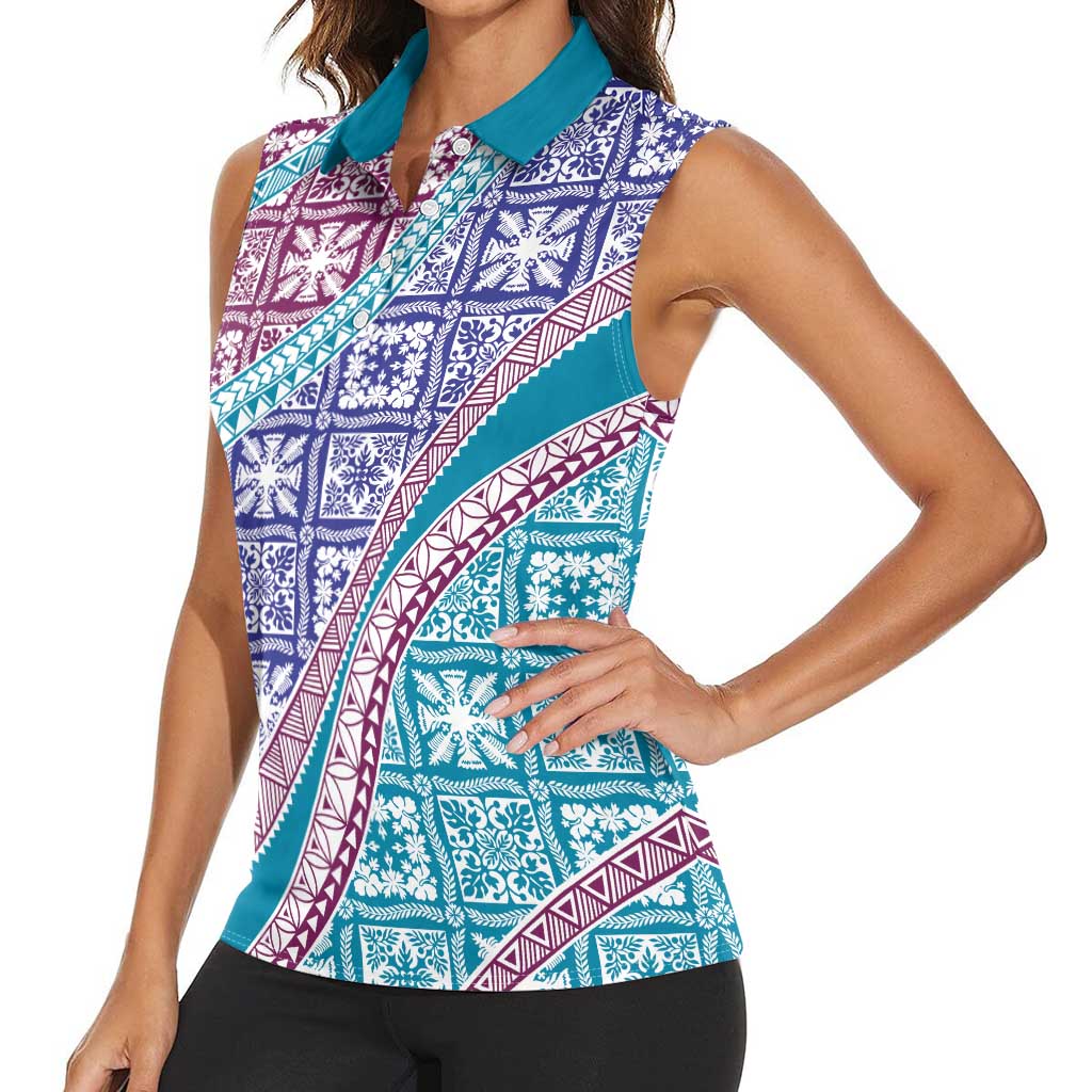 Hawaiian Quilt Pattern Women Sleeveless Polo Shirt Purple Blue Color Mixed - Polynesian Pride