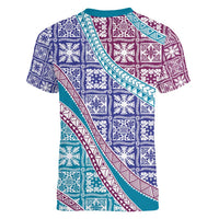 Hawaiian Quilt Pattern Women V-Neck T-Shirt Purple Blue Color Mixed - Polynesian Pride