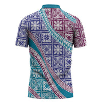 Hawaiian Quilt Pattern Zipper Polo Shirt Purple Blue Color Mixed - Polynesian Pride
