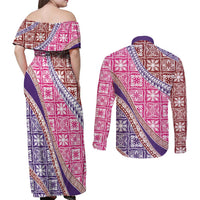 Hawaiian Quilt Pattern Couples Matching Off Shoulder Maxi Dress and Long Sleeve Button Shirt Sweet Color Mixed - Polynesian Pride