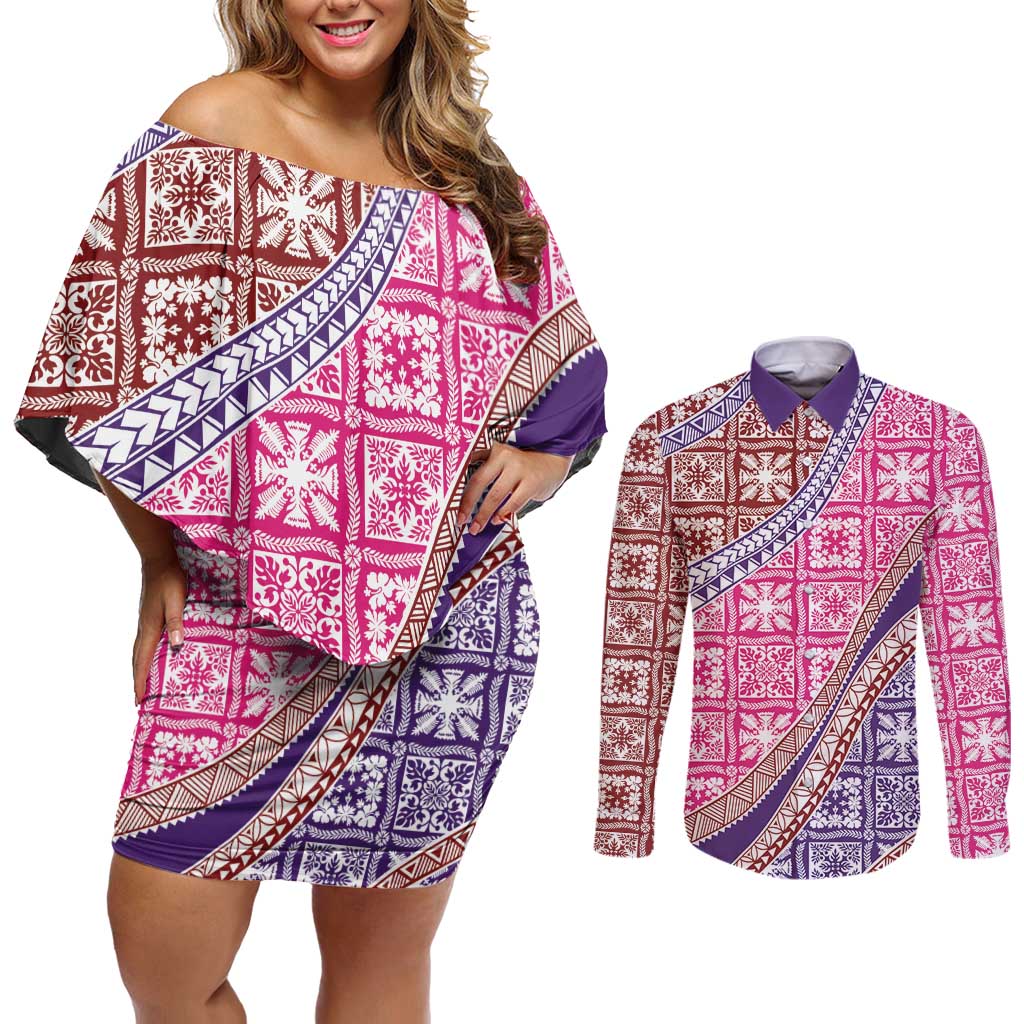 Hawaiian Quilt Pattern Couples Matching Off Shoulder Short Dress and Long Sleeve Button Shirt Sweet Color Mixed - Polynesian Pride