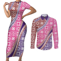 Hawaiian Quilt Pattern Couples Matching Short Sleeve Bodycon Dress and Long Sleeve Button Shirt Sweet Color Mixed - Polynesian Pride