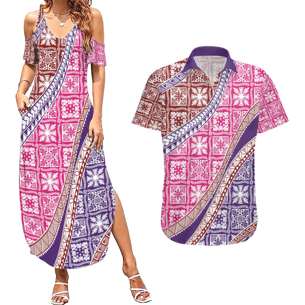 Hawaiian Quilt Pattern Couples Matching Summer Maxi Dress and Hawaiian Shirt Sweet Color Mixed - Polynesian Pride