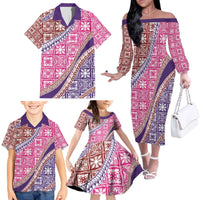 Hawaiian Quilt Pattern Family Matching Off The Shoulder Long Sleeve Dress and Hawaiian Shirt Sweet Color Mixed - Polynesian Pride