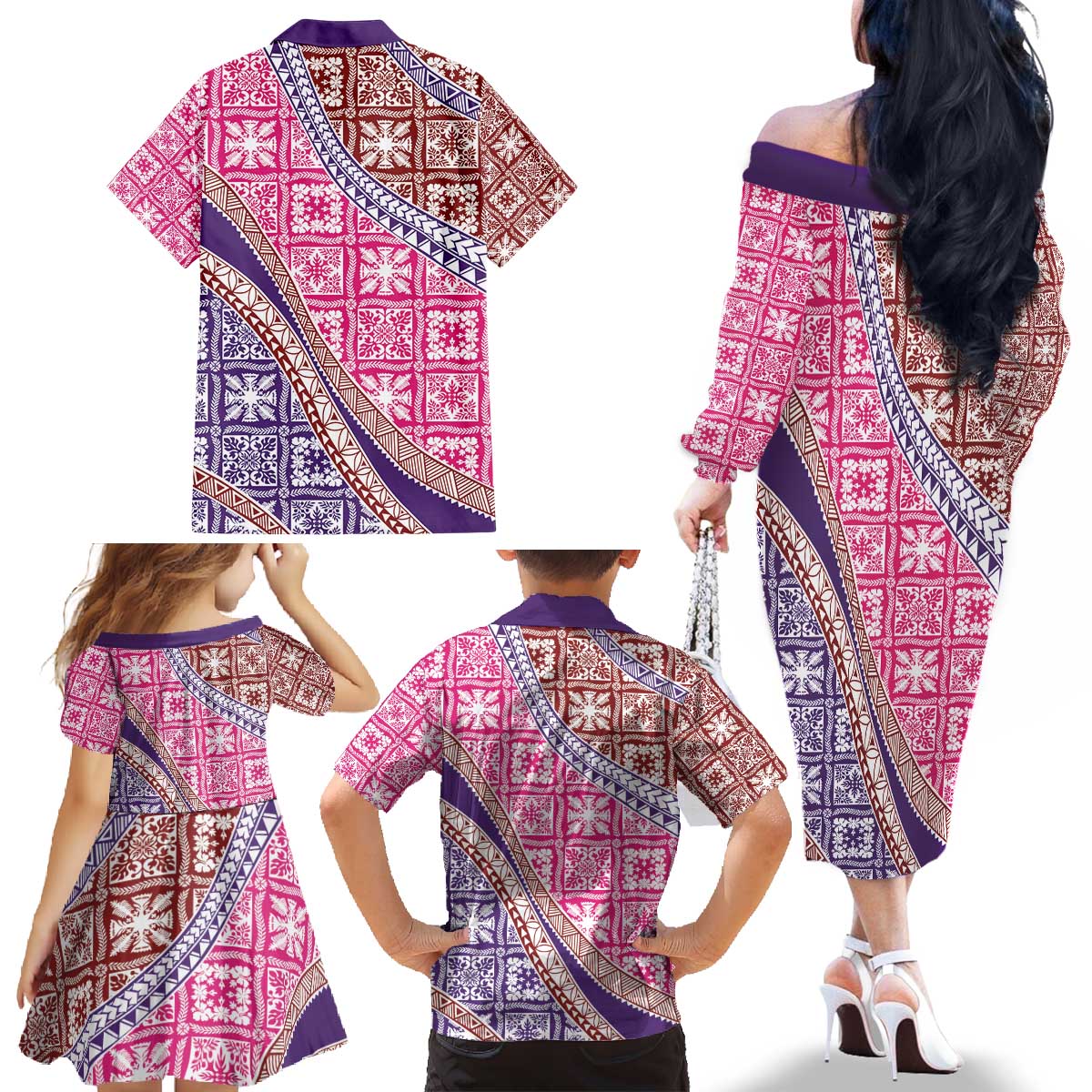 Hawaiian Quilt Pattern Family Matching Off The Shoulder Long Sleeve Dress and Hawaiian Shirt Sweet Color Mixed - Polynesian Pride
