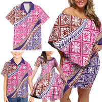 Hawaiian Quilt Pattern Family Matching Off Shoulder Short Dress and Hawaiian Shirt Sweet Color Mixed - Polynesian Pride