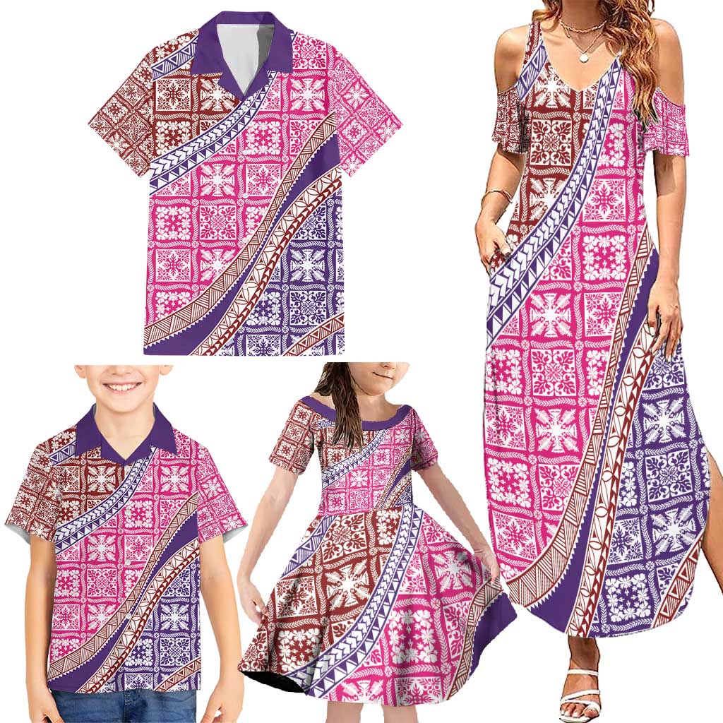 Hawaiian Quilt Pattern Family Matching Summer Maxi Dress and Hawaiian Shirt Sweet Color Mixed - Polynesian Pride