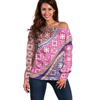 Hawaiian Quilt Pattern Off Shoulder Sweater Sweet Color Mixed - Polynesian Pride