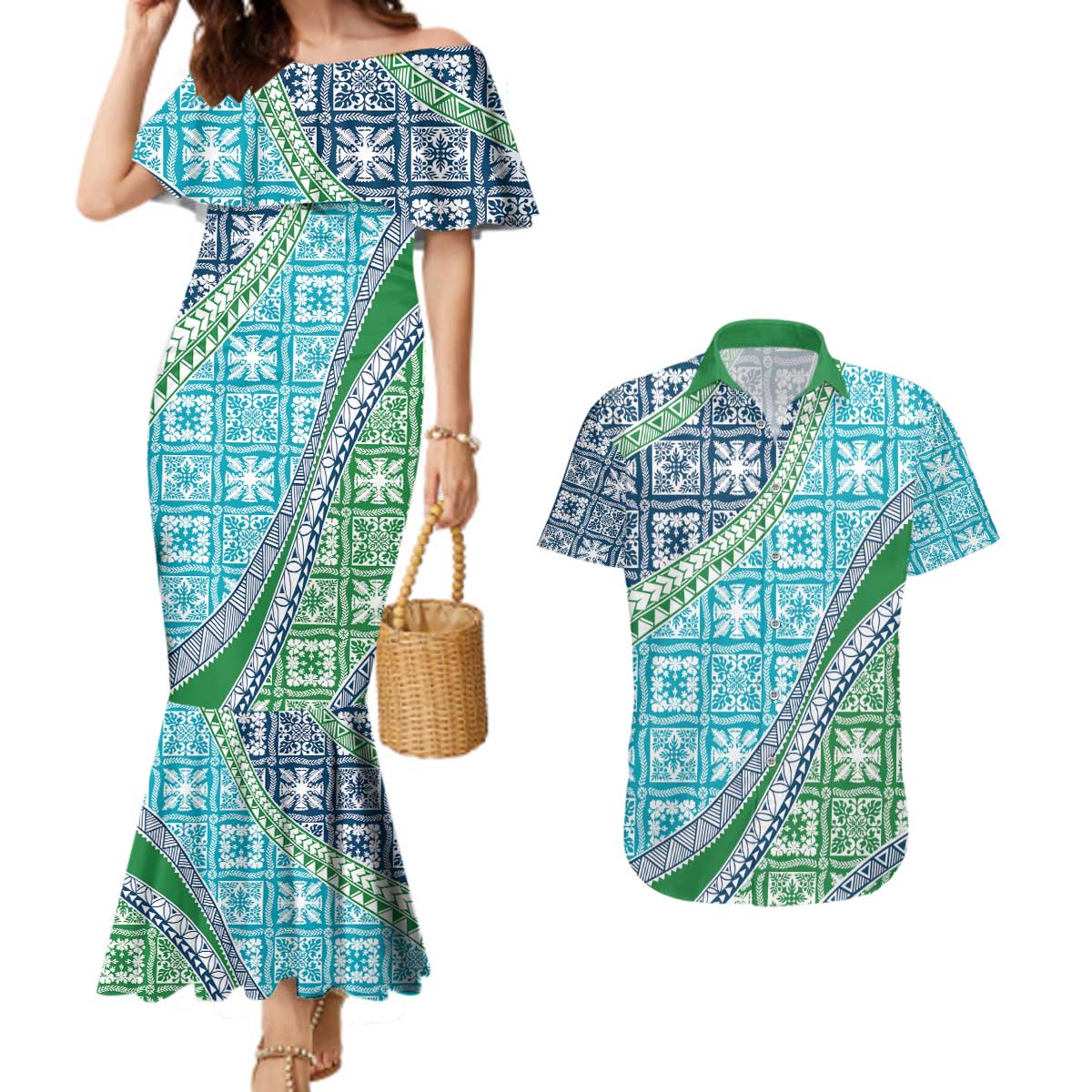 Hawaiian Quilt Pattern Couples Matching Mermaid Dress and Hawaiian Shirt Fresh Color Mixed - Polynesian Pride