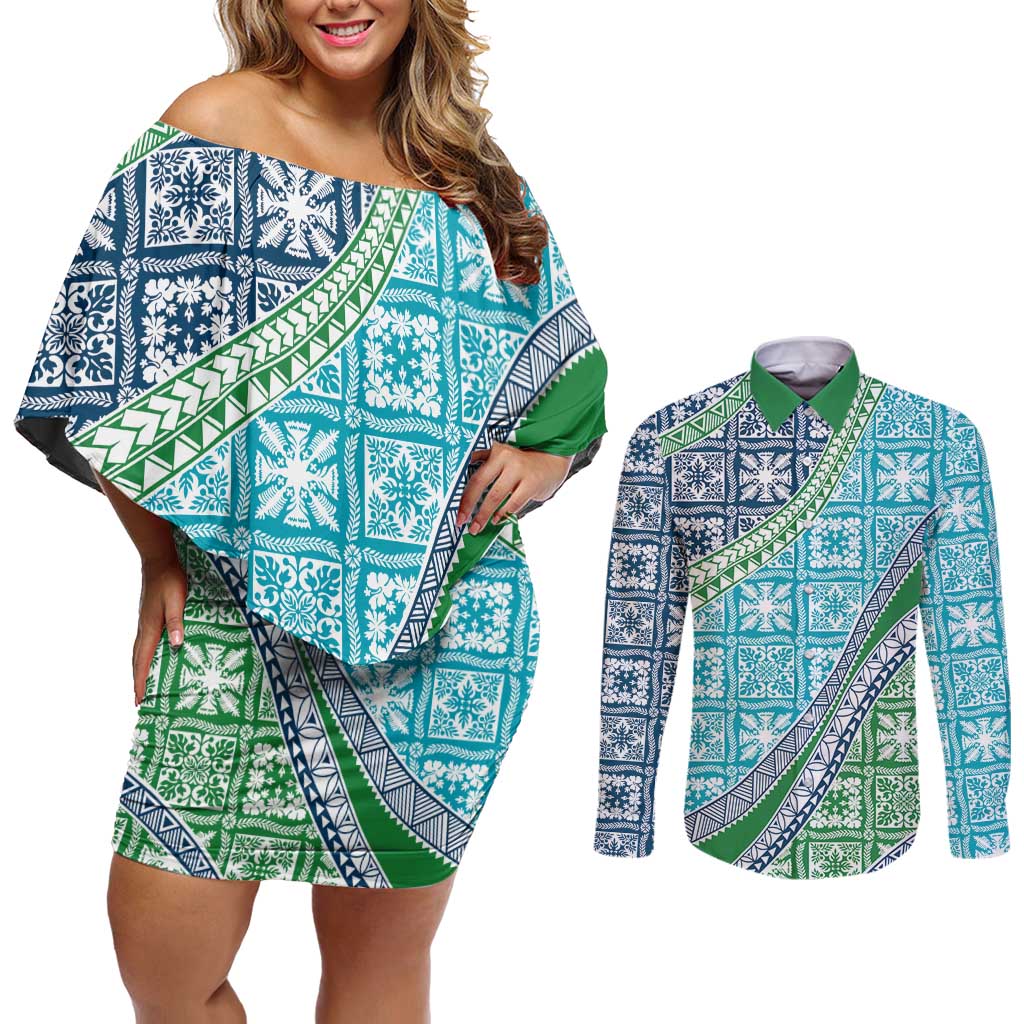 Hawaiian Quilt Pattern Couples Matching Off Shoulder Short Dress and Long Sleeve Button Shirt Fresh Color Mixed - Polynesian Pride