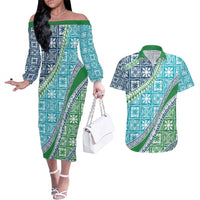 Hawaiian Quilt Pattern Couples Matching Off The Shoulder Long Sleeve Dress and Hawaiian Shirt Fresh Color Mixed - Polynesian Pride