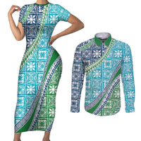 Hawaiian Quilt Pattern Couples Matching Short Sleeve Bodycon Dress and Long Sleeve Button Shirt Fresh Color Mixed - Polynesian Pride