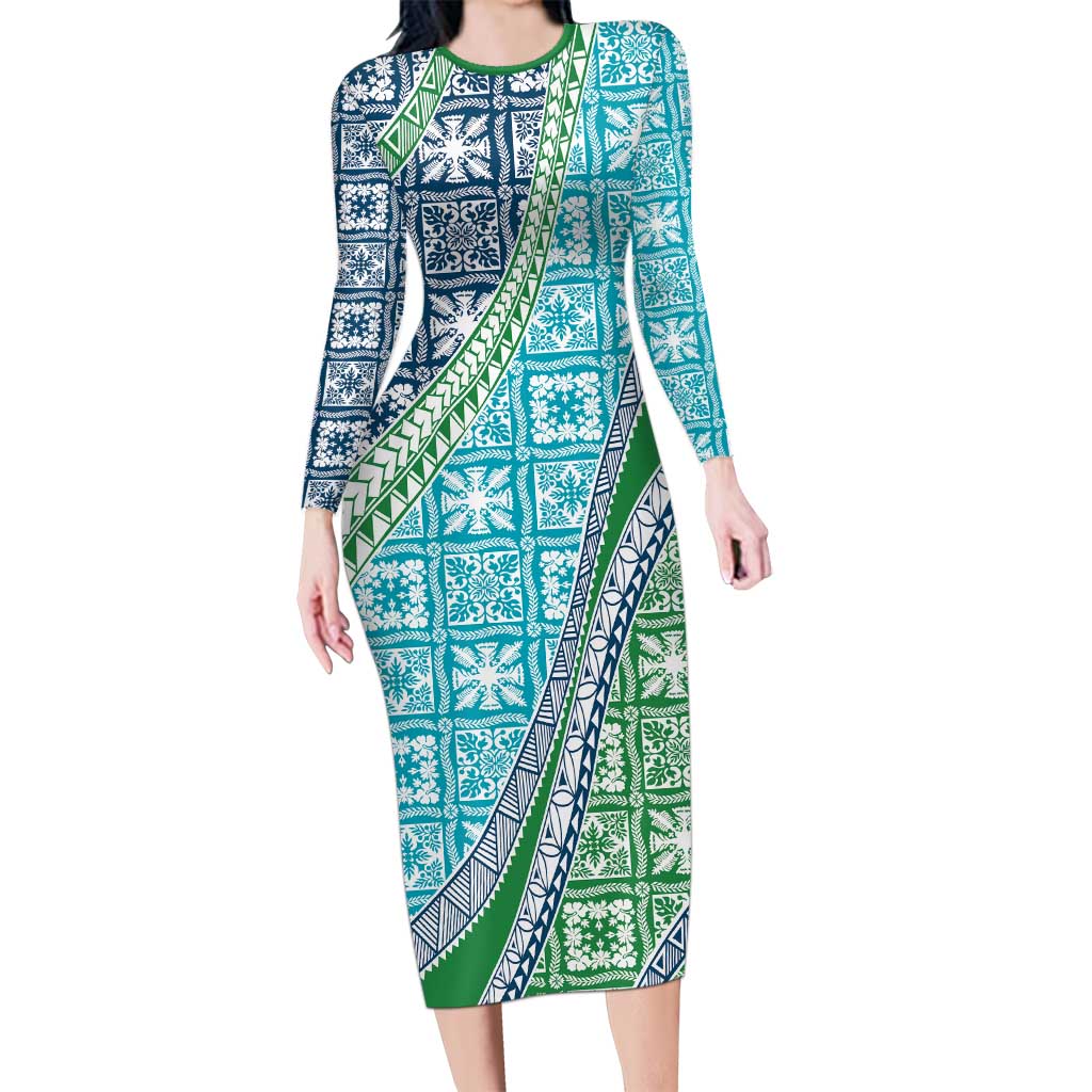 Hawaiian Quilt Pattern Family Matching Long Sleeve Bodycon Dress and Hawaiian Shirt Fresh Color Mixed - Polynesian Pride