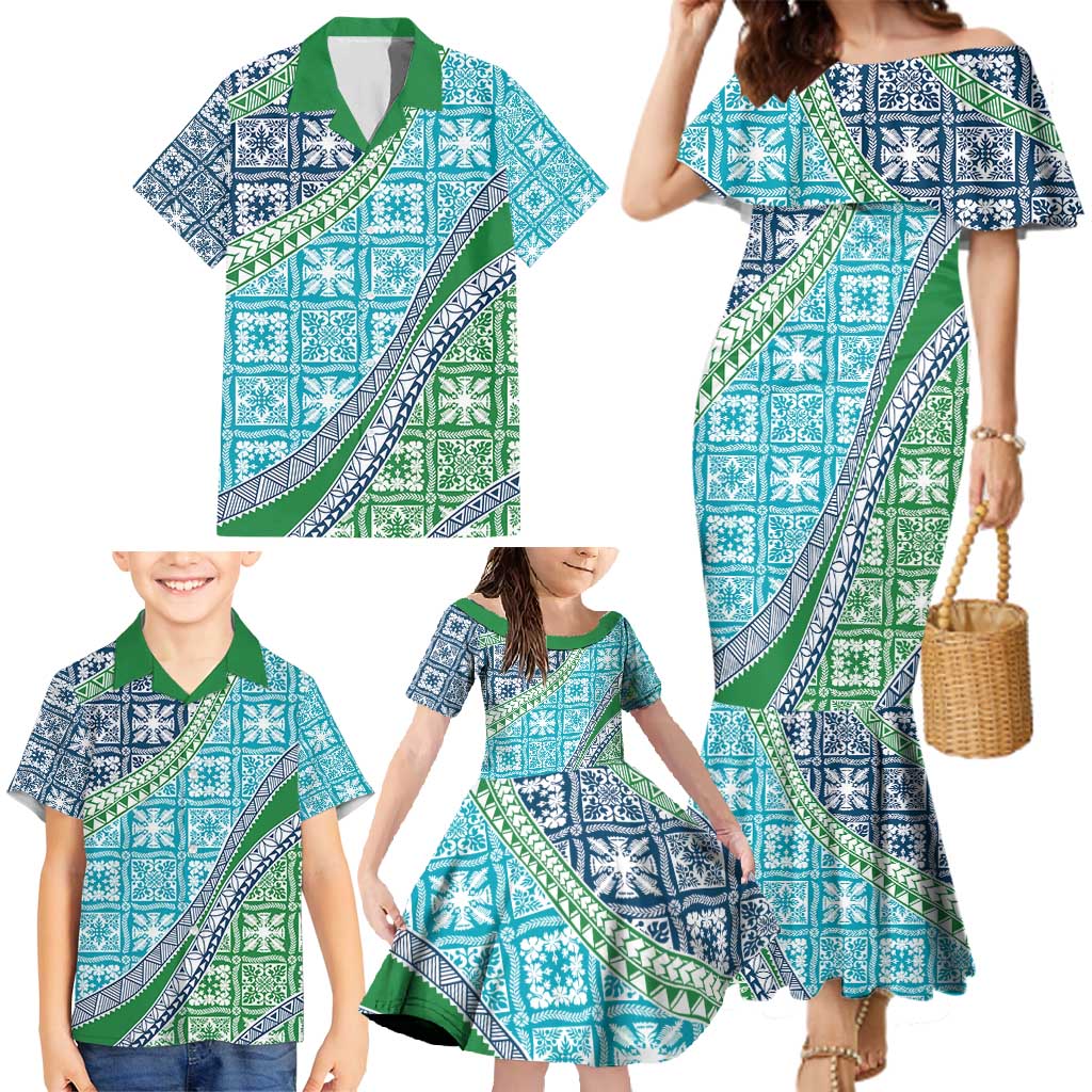 Hawaiian Quilt Pattern Family Matching Mermaid Dress and Hawaiian Shirt Fresh Color Mixed - Polynesian Pride
