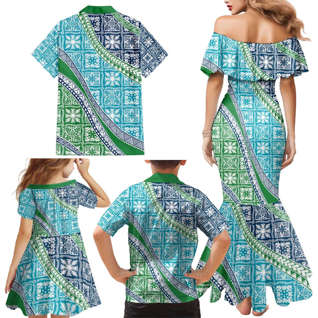 Hawaiian Quilt Pattern Family Matching Mermaid Dress and Hawaiian Shirt Fresh Color Mixed - Polynesian Pride