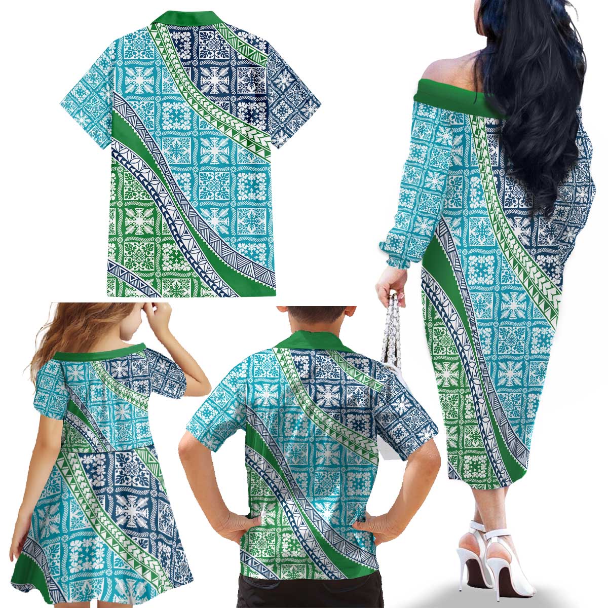 Hawaiian Quilt Pattern Family Matching Off The Shoulder Long Sleeve Dress and Hawaiian Shirt Fresh Color Mixed - Polynesian Pride