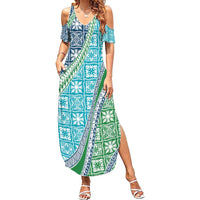 Hawaiian Quilt Pattern Family Matching Summer Maxi Dress and Hawaiian Shirt Fresh Color Mixed - Polynesian Pride
