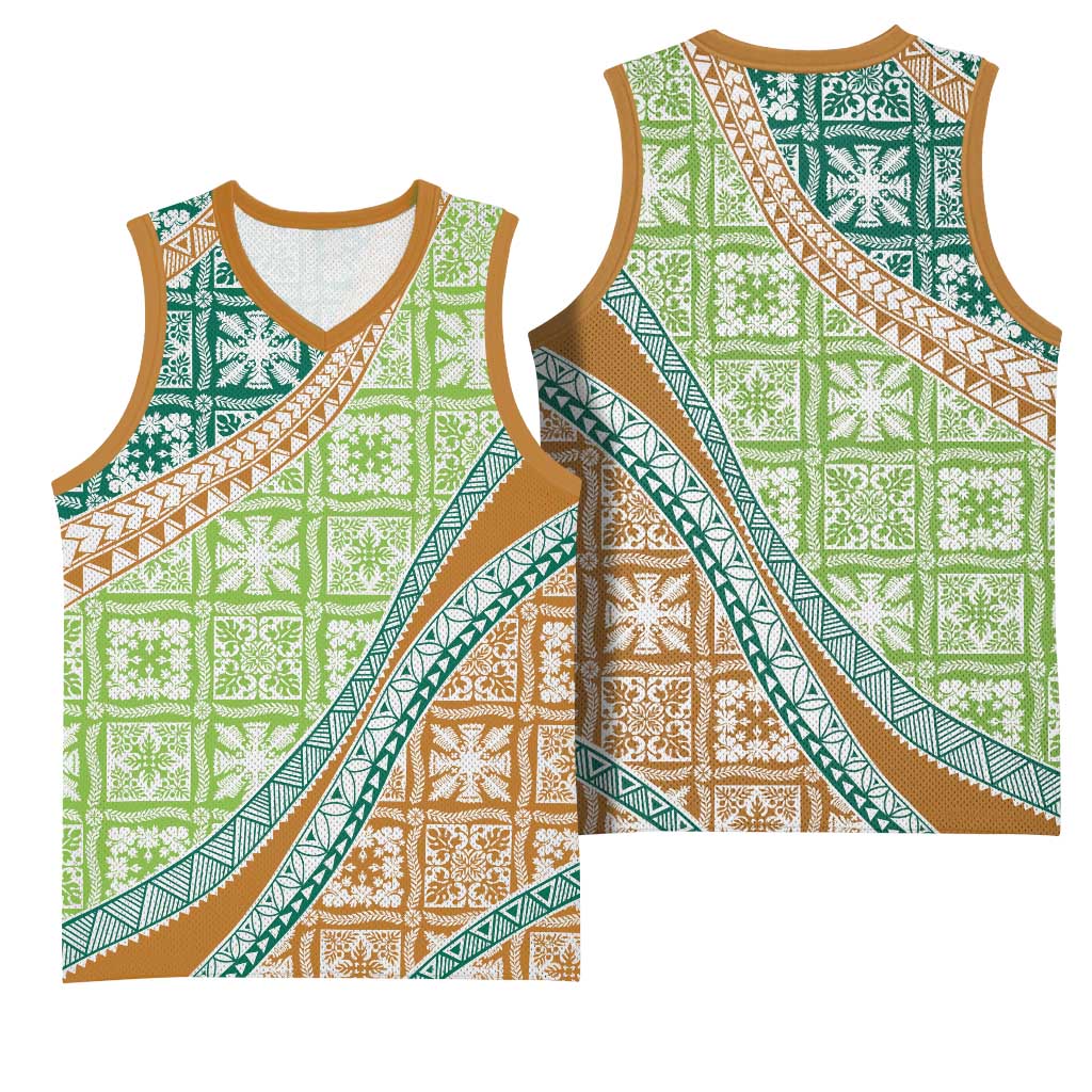 Hawaiian Quilt Pattern Basketball Jersey Green Chestnut Color Mixed LT01 - Polynesian Pride