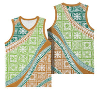 Hawaiian Quilt Pattern Basketball Jersey Green Chestnut Color Mixed LT01 - Polynesian Pride