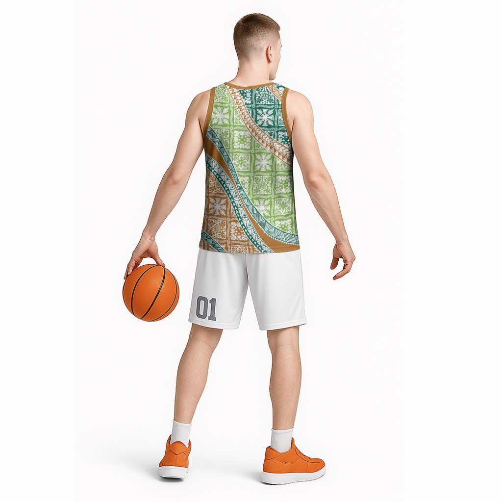 Hawaiian Quilt Pattern Basketball Jersey Green Chestnut Color Mixed LT01 - Polynesian Pride