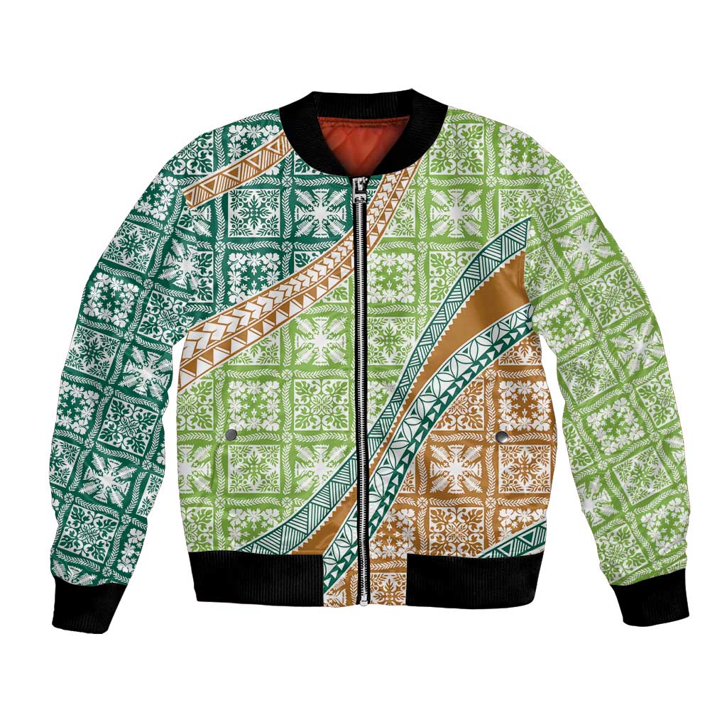 Hawaiian Quilt Pattern Bomber Jacket Green Chestnut Color Mixed - Polynesian Pride