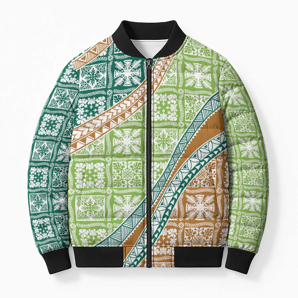 Hawaiian Quilt Pattern Bomber Puffer Jacket Green Chestnut Color Mixed LT01 Unisex Green - Polynesian Pride