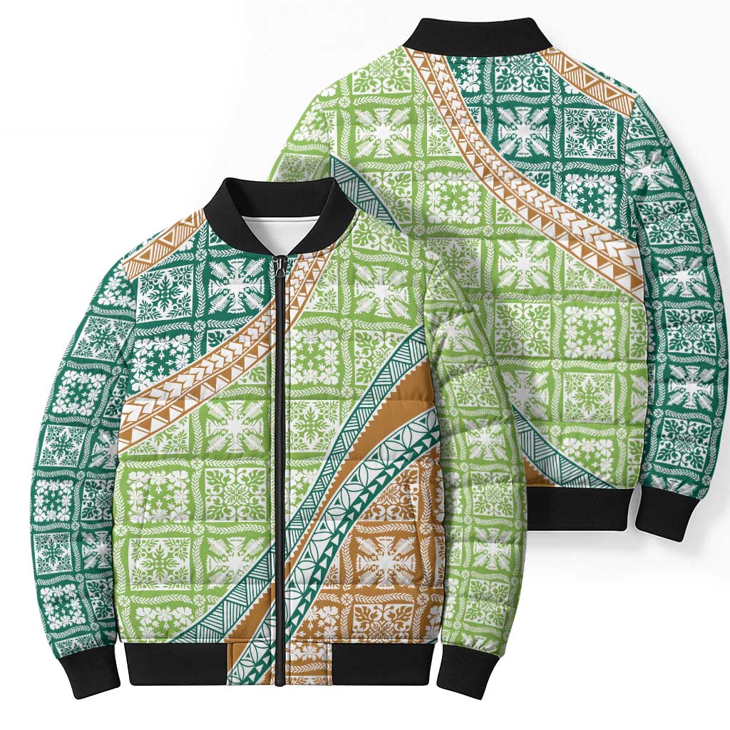 Hawaiian Quilt Pattern Bomber Puffer Jacket Green Chestnut Color Mixed LT01 - Polynesian Pride