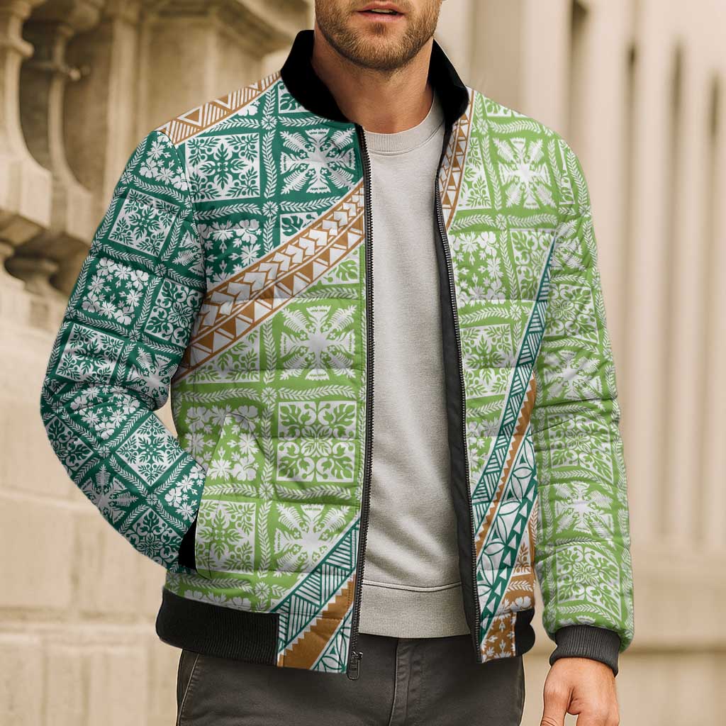 Hawaiian Quilt Pattern Bomber Puffer Jacket Green Chestnut Color Mixed LT01 - Polynesian Pride