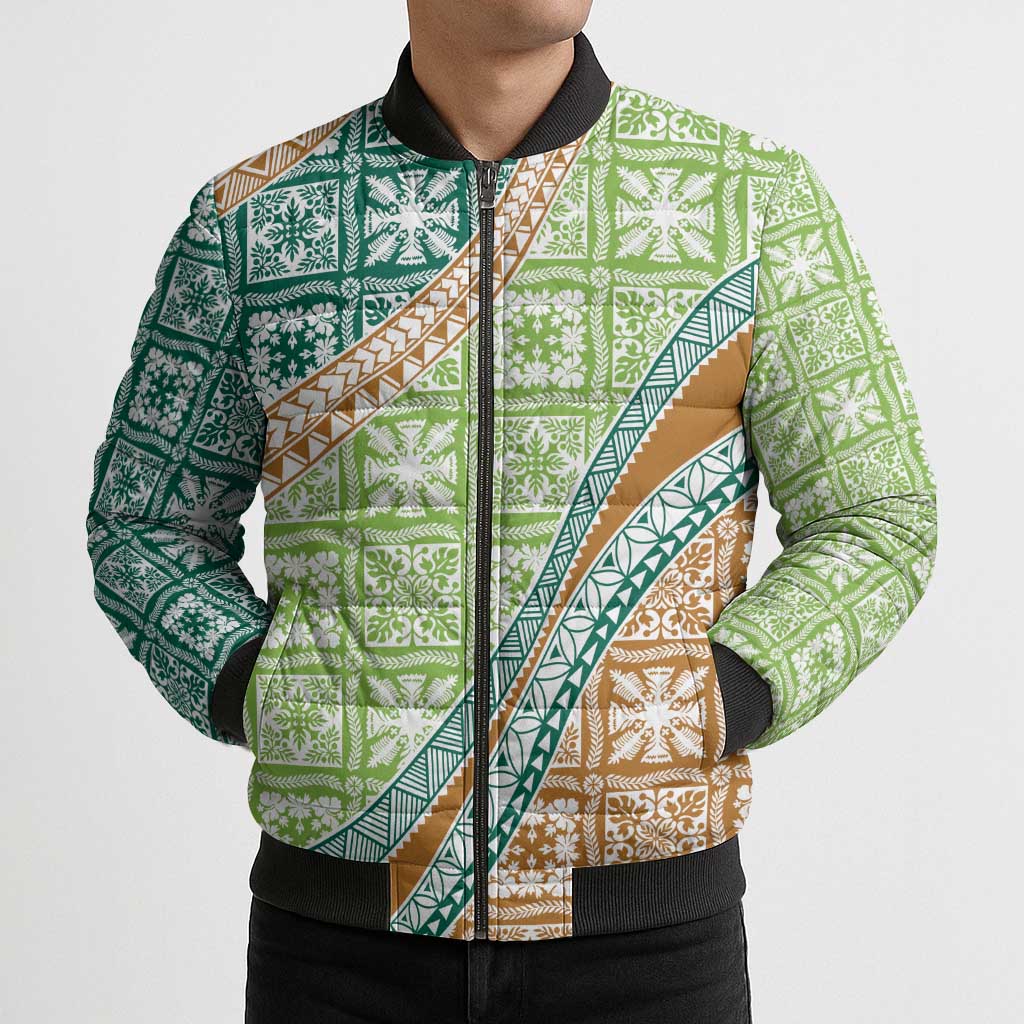 Hawaiian Quilt Pattern Bomber Puffer Jacket Green Chestnut Color Mixed LT01 - Polynesian Pride