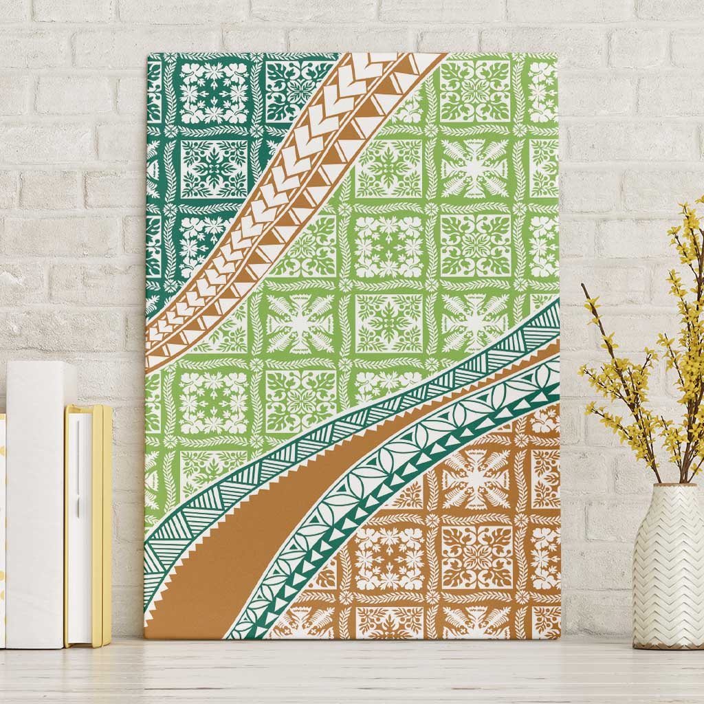 Hawaiian Quilt Pattern Canvas Wall Art Green Chestnut Color Mixed - Polynesian Pride