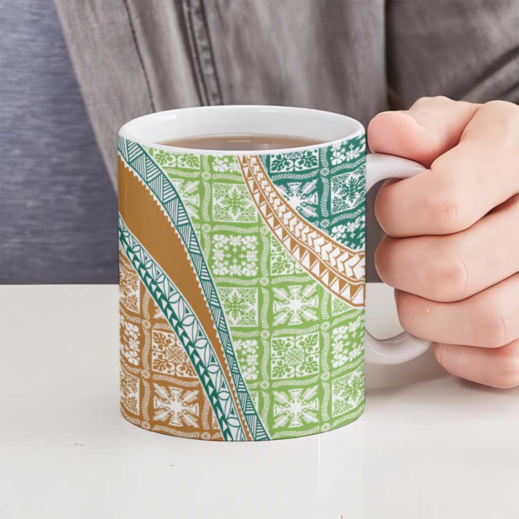 Hawaiian Quilt Pattern Ceramic Mug Green Chestnut Color Mixed LT01 - Polynesian Pride