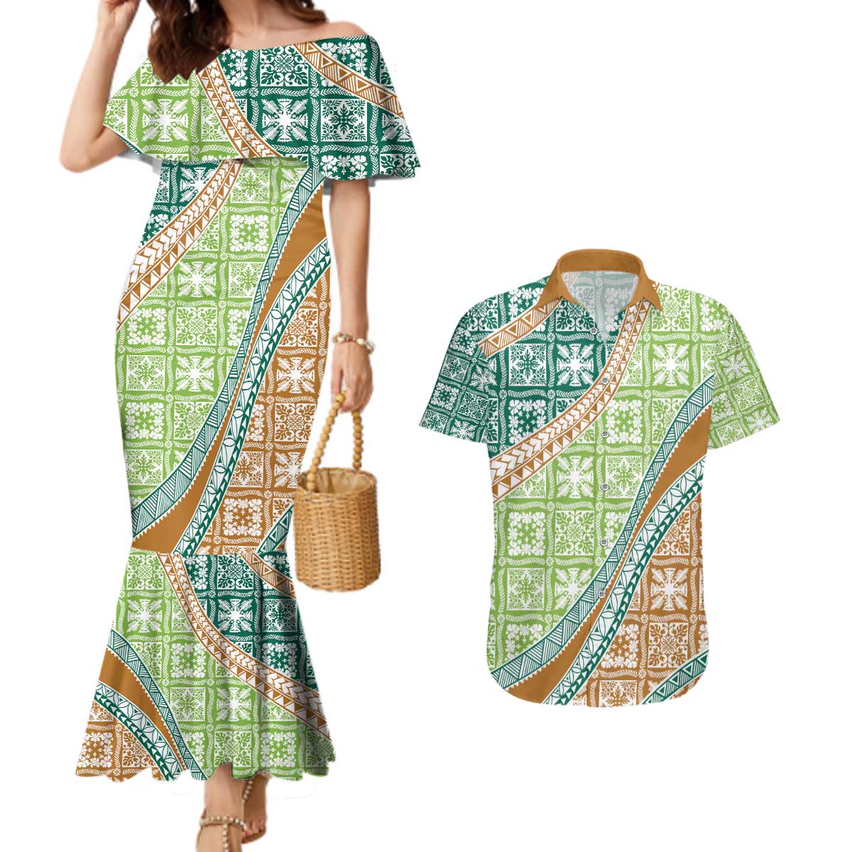 Hawaiian Quilt Pattern Couples Matching Mermaid Dress and Hawaiian Shirt Green Chestnut Color Mixed - Polynesian Pride
