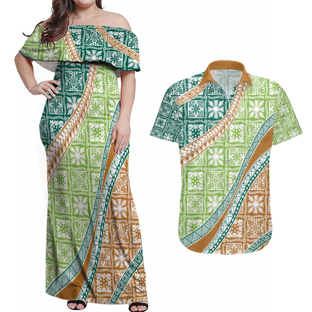 Hawaiian Quilt Pattern Couples Matching Off Shoulder Maxi Dress and Hawaiian Shirt Green Chestnut Color Mixed - Polynesian Pride