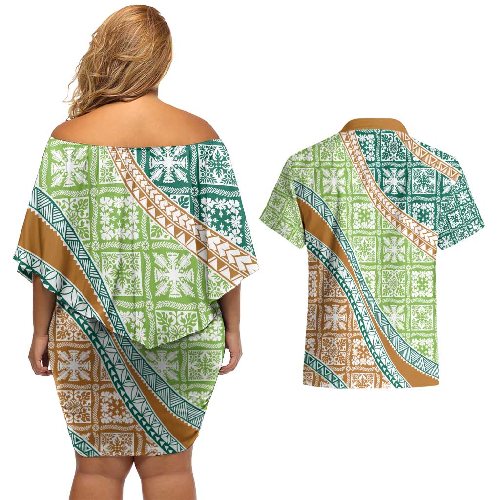 Hawaiian Quilt Pattern Couples Matching Off Shoulder Short Dress and Hawaiian Shirt Green Chestnut Color Mixed - Polynesian Pride