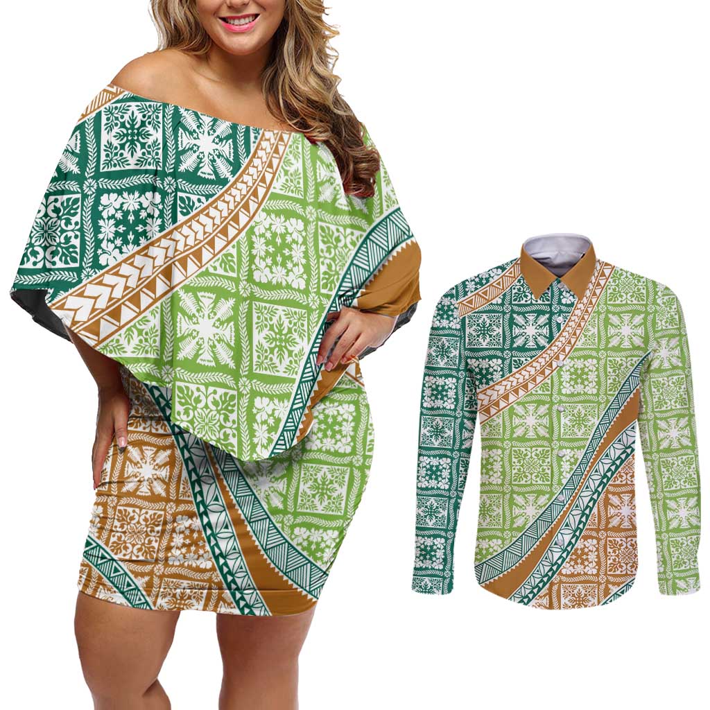 Hawaiian Quilt Pattern Couples Matching Off Shoulder Short Dress and Long Sleeve Button Shirt Green Chestnut Color Mixed - Polynesian Pride