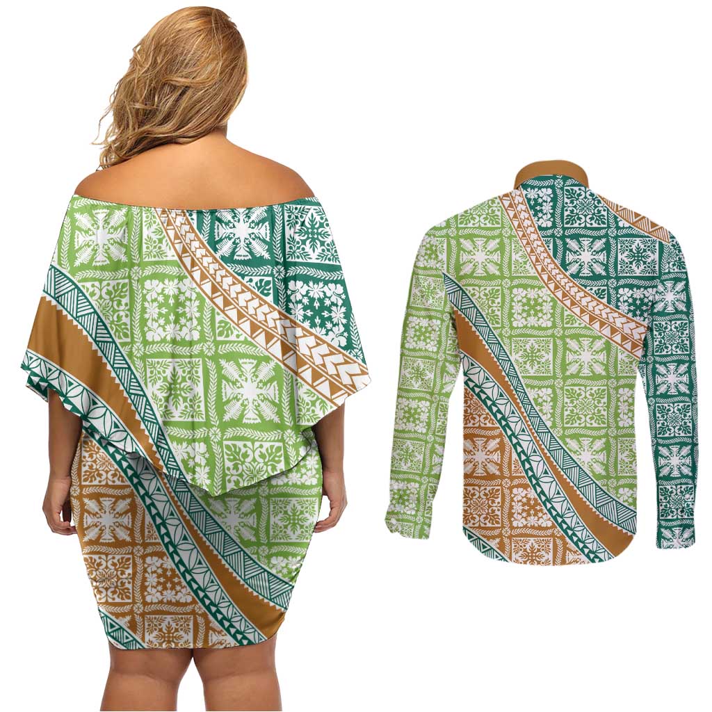 Hawaiian Quilt Pattern Couples Matching Off Shoulder Short Dress and Long Sleeve Button Shirt Green Chestnut Color Mixed - Polynesian Pride