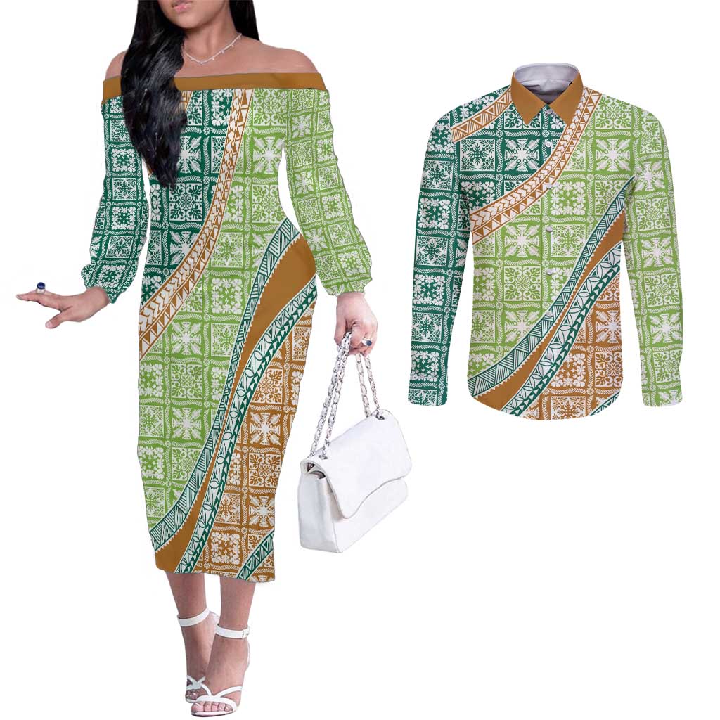 Hawaiian Quilt Pattern Couples Matching Off The Shoulder Long Sleeve Dress and Long Sleeve Button Shirt Green Chestnut Color Mixed - Polynesian Pride