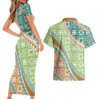 Hawaiian Quilt Pattern Couples Matching Short Sleeve Bodycon Dress and Hawaiian Shirt Green Chestnut Color Mixed - Polynesian Pride