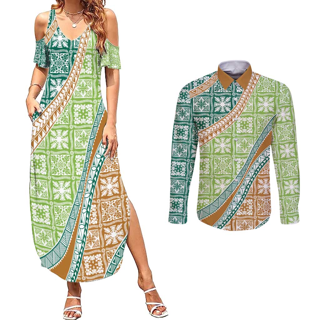 Hawaiian Quilt Pattern Couples Matching Summer Maxi Dress and Long Sleeve Button Shirt Green Chestnut Color Mixed - Polynesian Pride