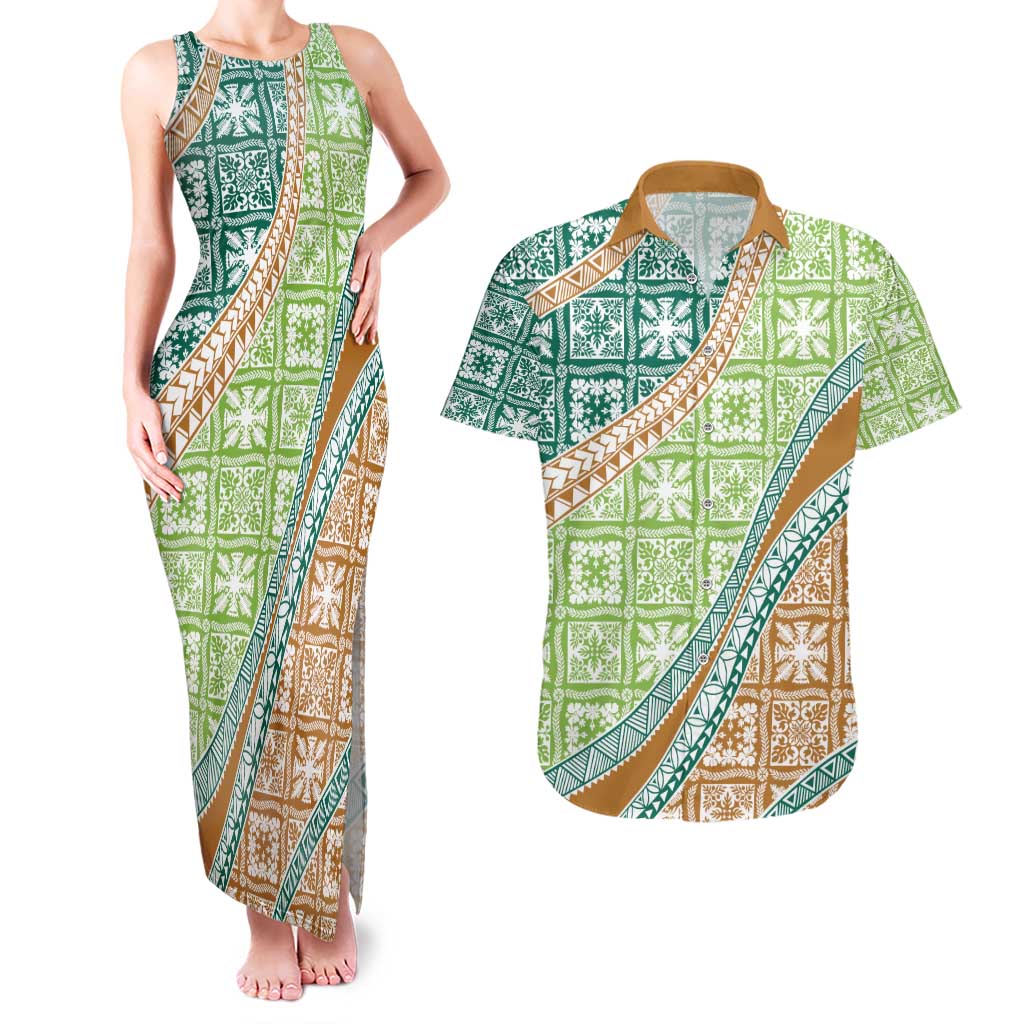 Hawaiian Quilt Pattern Couples Matching Tank Maxi Dress and Hawaiian Shirt Green Chestnut Color Mixed - Polynesian Pride